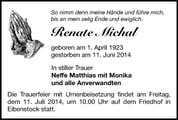 Todesanzeige von Renate Michal von Aue