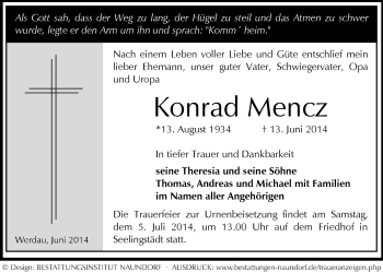 Todesanzeige von Konrad Mencz von Werdau