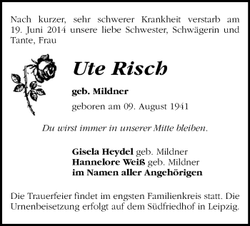 Todesanzeige von Ute Risch von Reichenbach