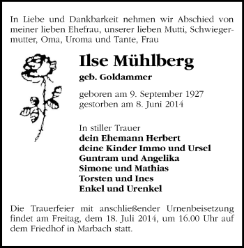 Todesanzeige von Ilse Mühlberg von Mittweida