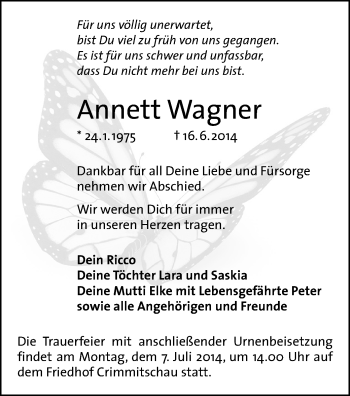 Todesanzeige von Annett Wagner von Werdau