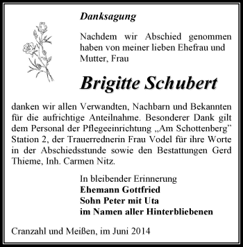 Todesanzeige von Brigitte Schubert von Annaberg