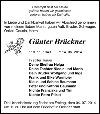 Todesanzeige von Günter Brückner von Oberes Vogtland
