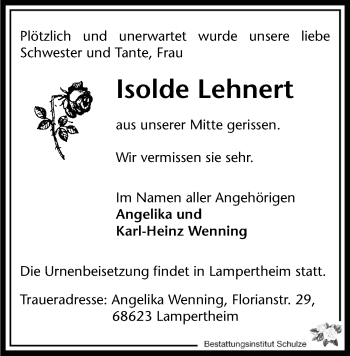 Todesanzeige von Isolde Lehnert von Zwickau