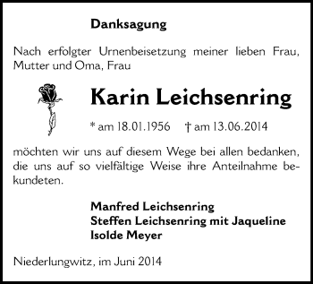 Todesanzeige von Karin Leichsenring von Glauchau