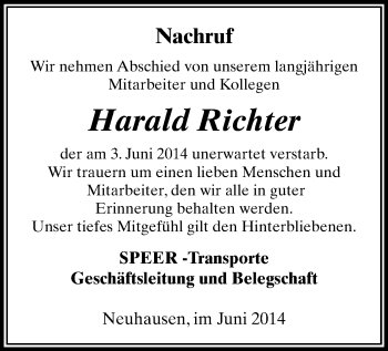 Todesanzeige von Harald Richter von Freiberg / Brand Erbisdorf