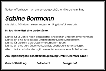 Todesanzeige von Sabine Borrmann von Chemnitz