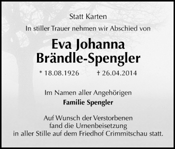 Todesanzeige von Eva Johanna Brändle-Spengler von Werdau