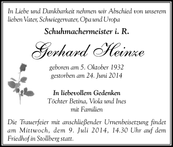 Todesanzeige von Gerhard Heinze von Stollberg