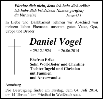 Todesanzeige von Daniel Vogel von Annaberg