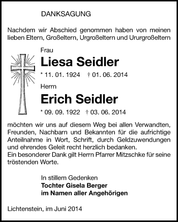 Todesanzeige von Liesa und Erich Seidler von Hohenstein-Ernstthal