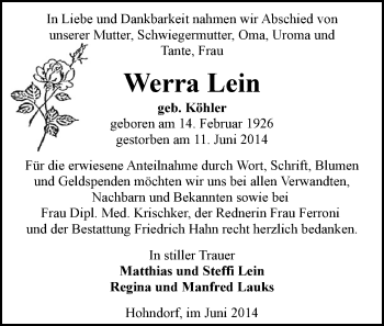 Todesanzeige von Werra Lein von Stollberg