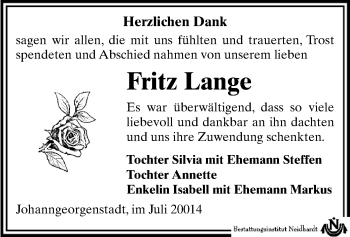 Todesanzeige von Fritz Lange von Schwarzenberg