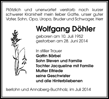 Todesanzeige von Wolfgang Döhler von Annaberg