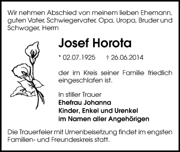 Todesanzeige von Josef Horota von Mittweida