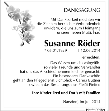 Todesanzeige von Susanne Röder von Rochlitz