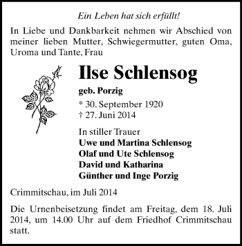Todesanzeige von Ilse Schlensog von Werdau