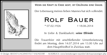 Todesanzeige von Rolf Bauer von Werdau, Zwickau
