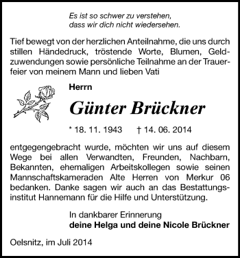 Todesanzeige von Günter Brückner von Oberes Vogtland