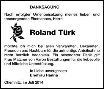 Todesanzeige von Roland Türk von Chemnitz