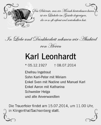 Todesanzeige von Karl Leonhardt von Auerbach, Oberes Vogtland