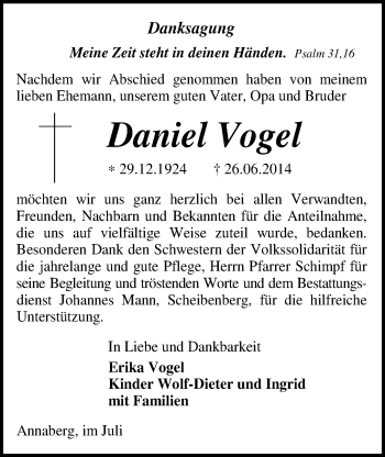Todesanzeige von Daniel Vogel von Annaberg
