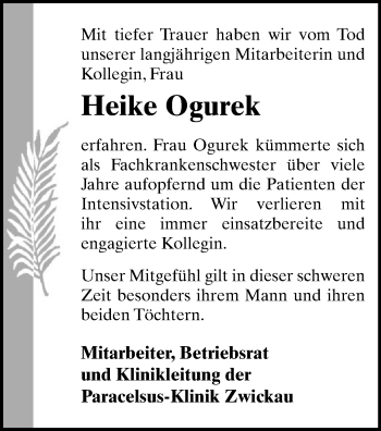 Todesanzeige von Heike Ogurek von Zwickau