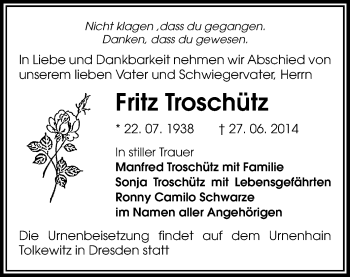 Todesanzeige von Fritz Troschütz von Glauchau