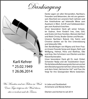 Todesanzeige von Karli Kehrer von Annaberg