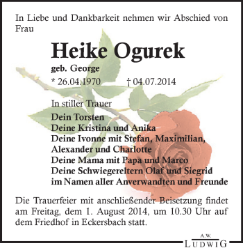 Todesanzeige von Heike Ogurek von Zwickau