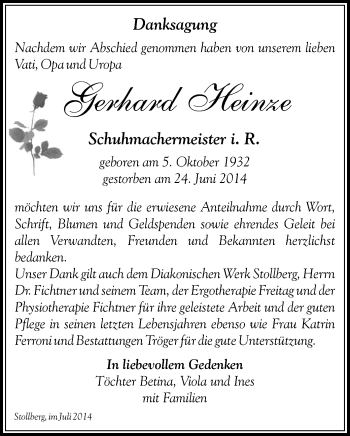 Todesanzeige von Gerhard Heinze von Stollberg
