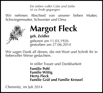 Todesanzeige von Margot Fleck von Chemnitz
