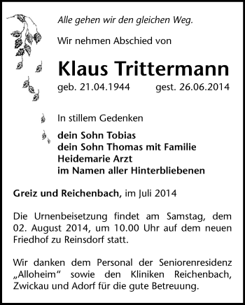 Todesanzeige von Klaus Trittermann von Reichenbach