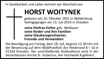 Todesanzeige von Horst Woitynek von Auerbach, Aue, Oberes Vogtland