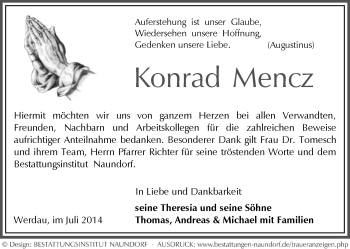 Todesanzeige von Konrad Mencz von Werdau