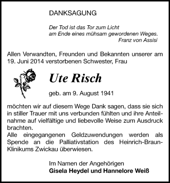 Todesanzeige von Ute Risch von Reichenbach