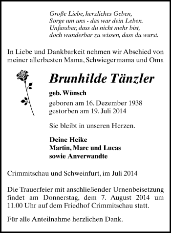 Todesanzeige von Brunhilde Tänzler von Werdau