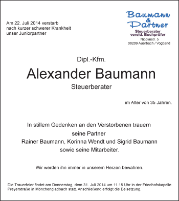 Todesanzeige von Alexander Baumann von Auerbach