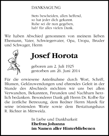 Todesanzeige von Josef Horota von Mittweida