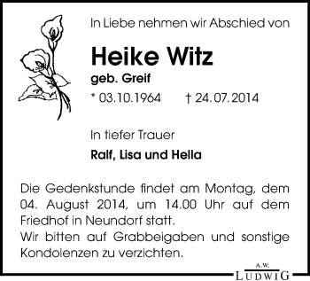 Todesanzeige von Heike Witz von Plauen