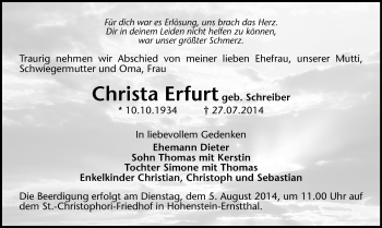 Todesanzeige von Christa Erfurt von Hohenstein-Ernstthal