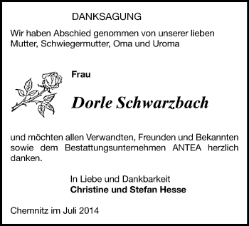 Todesanzeige von Dorle Schwarzbach von Chemnitz