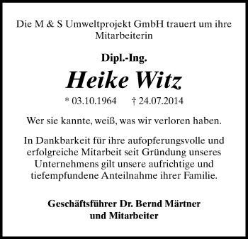 Todesanzeige von Heike Witz von Plauen