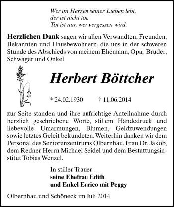 Todesanzeige von Herbert Böttcher von Marienberg