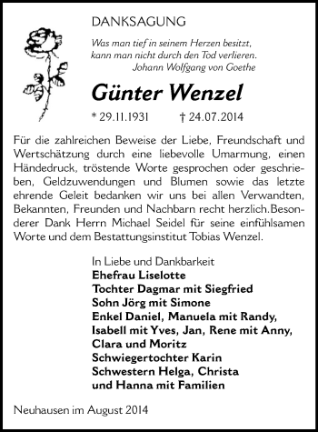 Todesanzeige von Günter Wenzel von Marienberg