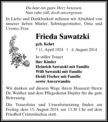 Todesanzeige von Frieda Sawatzki von Werdau