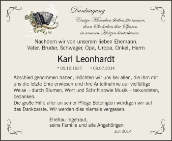 Todesanzeige von Karl Leonhardt von Oberes Vogtland