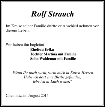 Todesanzeige von Rolf Strauch von Chemnitz