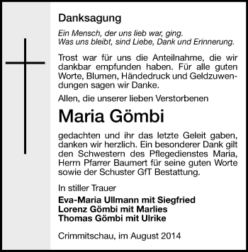 Todesanzeige von Maria Gömbi von Werdau