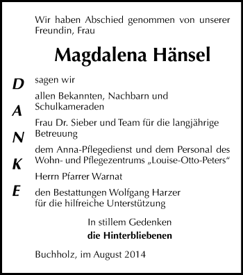 Todesanzeige von Magdalena Hänsel von Annaberg